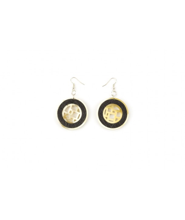 Checkered blond horn earrings with black ostrich leather