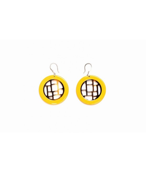 Boucle d'oreille ronde mondrian cerclé laque jaune