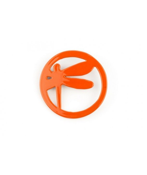 Orange lacquered circled dragonfly brooch