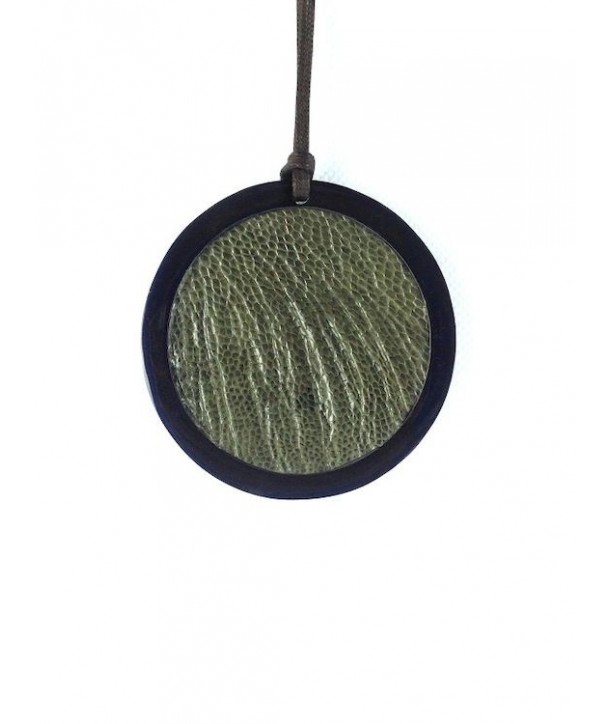 Black horn medallion pendant set with khaki ostrich leather