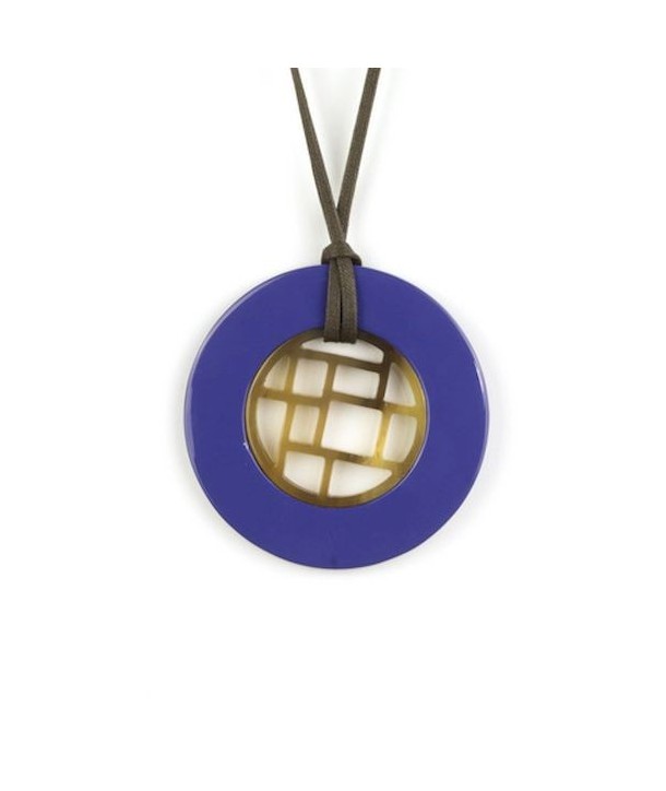 Pendentif damier cerclé laqué bleu indigo