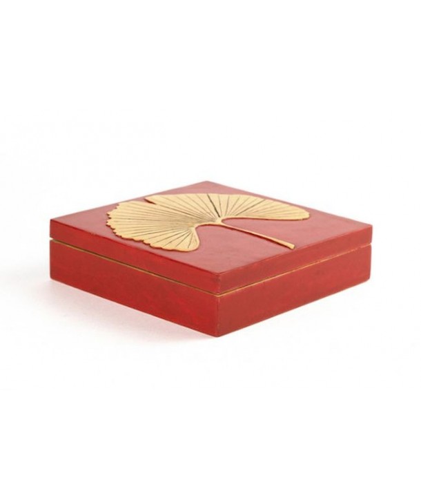 Gingko pattern big flat square box in stone with red background