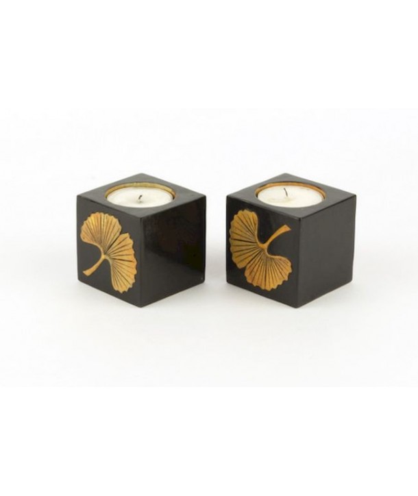 Set de 2 petits bougeoirs cube ginkgo en pierre fond noir