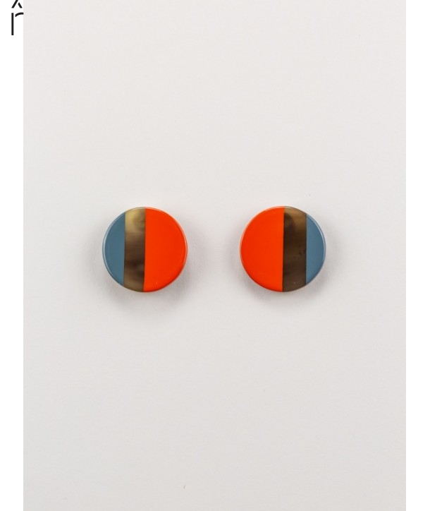 Boucles d'oreilles disque laqué bicolore orange et gris-bleu