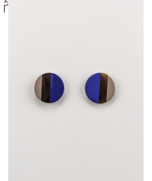 Boucles d'oreilles disque laqué bicolore bleu indigo et café crème à clip