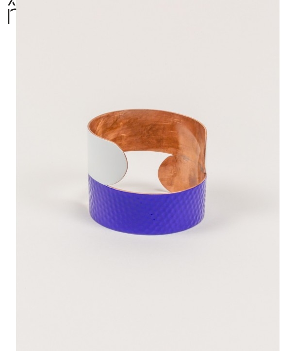 Hammered copper double cuff bracelet with blue and white lacquer