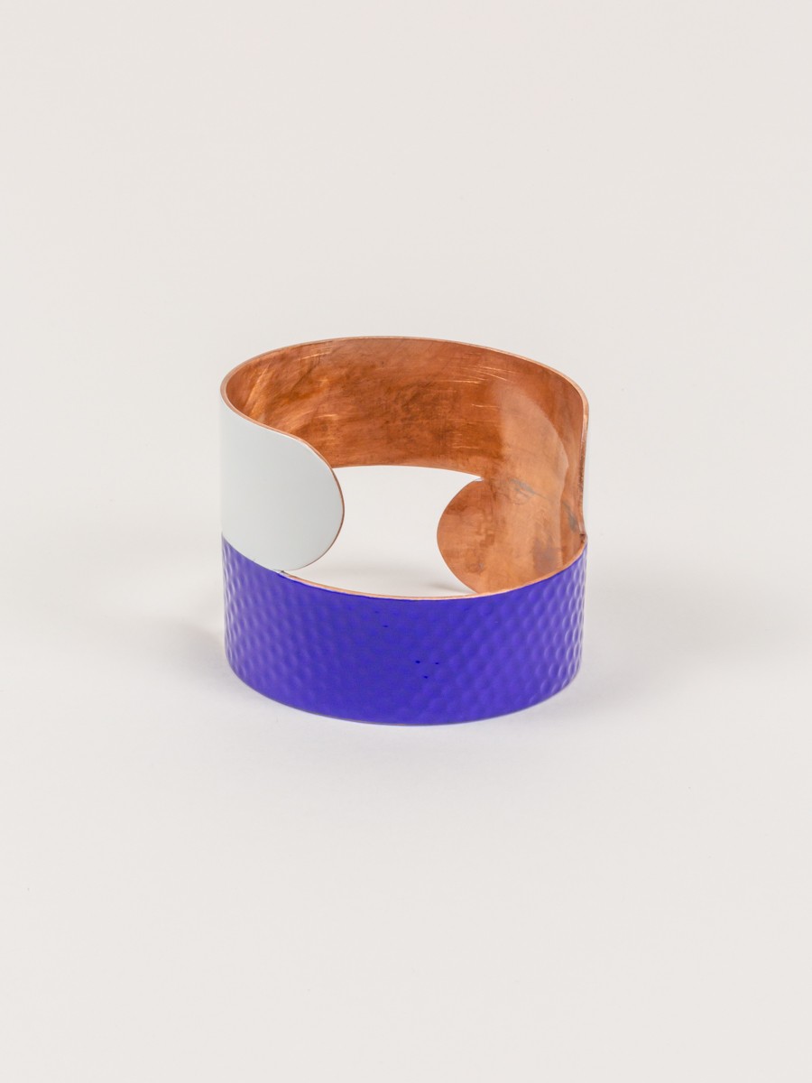 Hammered copper double cuff bracelet with blue and white lacquer