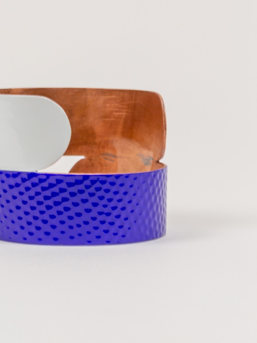 Hammered copper double cuff bracelet with blue and white lacquer
