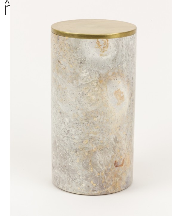 Very long narrow cylindrical box in stone with coppery brass coated lid