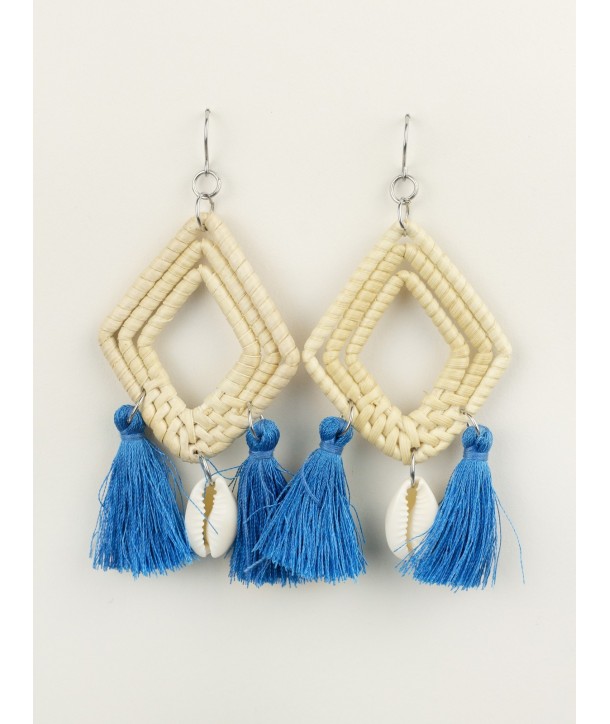 Rattan diamond earrings and white horn beads and blue tassels