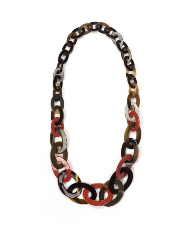 3-size flat oval rings long necklace with brick red lacquer