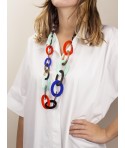 3-size flat oval rings long necklace with turquoise, indigo, orange lacquer