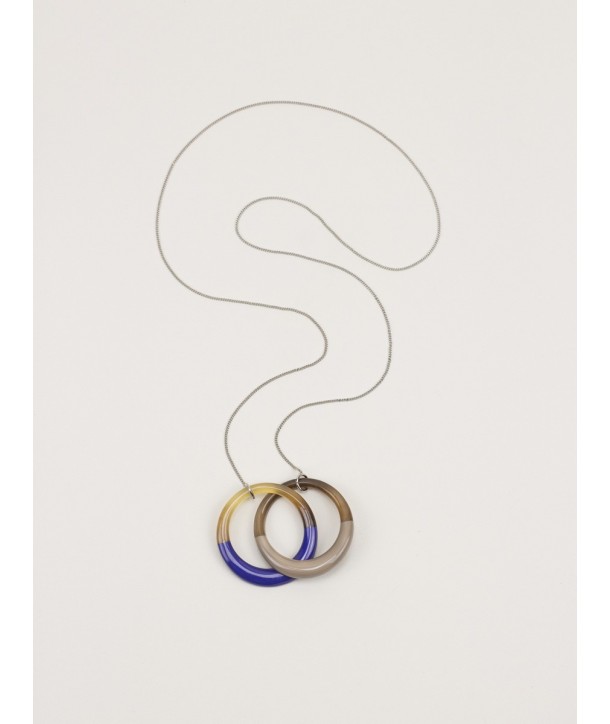 2 intertwined blue indigo and coffee cream rings pendant with a chain
