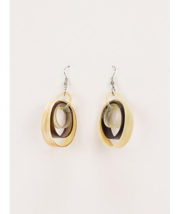 Oval earrings 3 interlocking circles of ribbon in blond and black horn