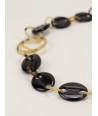 Long necklace coffee beans and oval rings in black and white horn