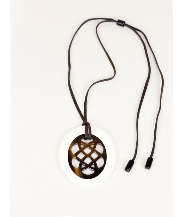 Oval hoof pendant with longevity patterns and off-white lacquer