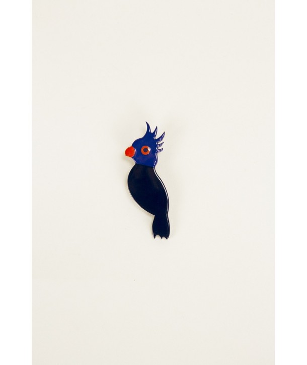 Broche Cockatoo en corne et laque tricolore - orange et bleu