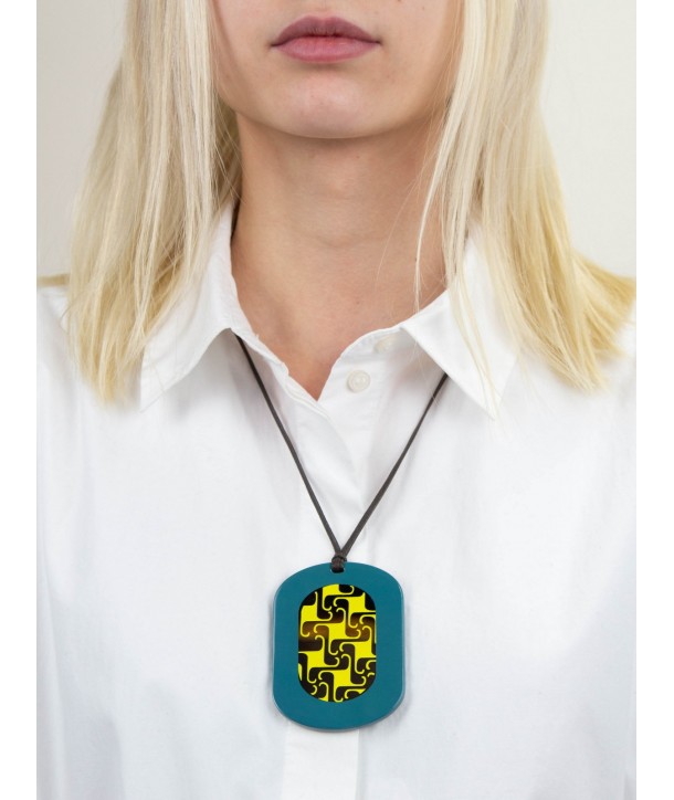 Oval Geometric pendant with petrol green and yellow