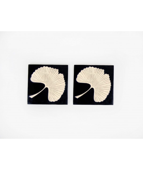 Set of 2 Gingko Square bottle coasters in stone with black background