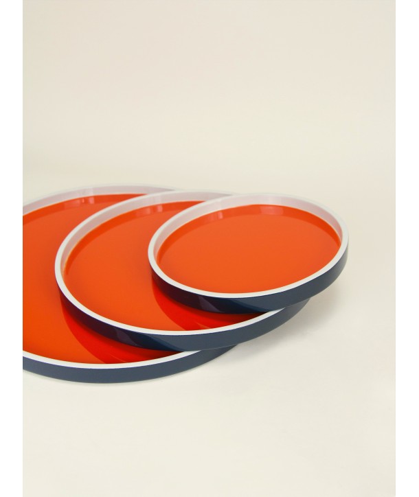 Set de 3 plateaux ronds laqués orange, bleu nuit et gris