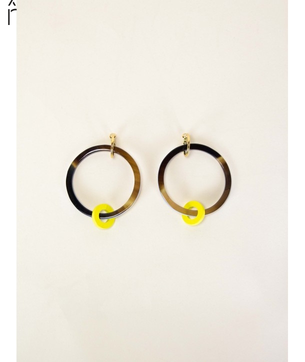 Boucles d'oreilles grand anneau et petit anneau laqués jaune bleu
