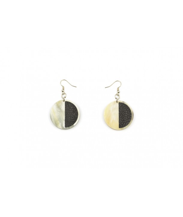 Round black ostrich horn and leather earrings