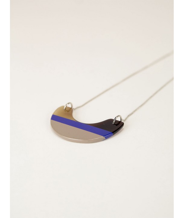 Indigo blue and cream coffee lacquered half-moon pendant with a chain