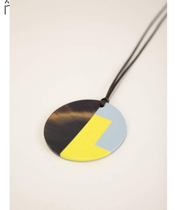 Pendentif rond sabot de buffle et laque jaune bleu