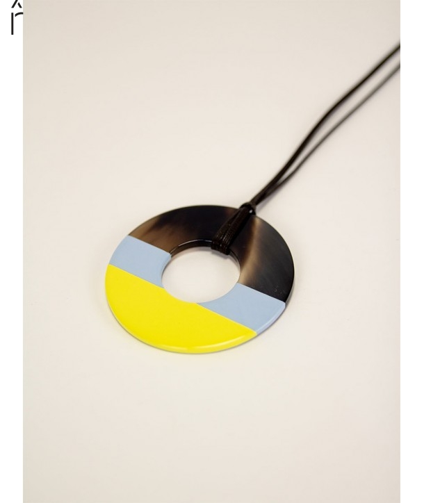 Pendentif anneau sabot de buffle et laque couleur jaune bleu