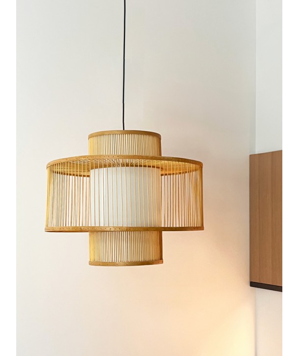 Large suspension light in bamboo and silk