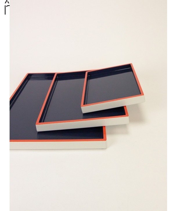 Set of 3 rectangular trays in dark blue, grey and orange lacquer