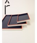 Set of 3 rectangular trays in dark blue, grey and orange lacquer