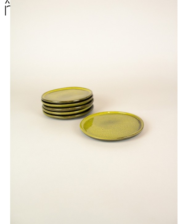 Set of 6 medium Hoa Bien green ceramic plates